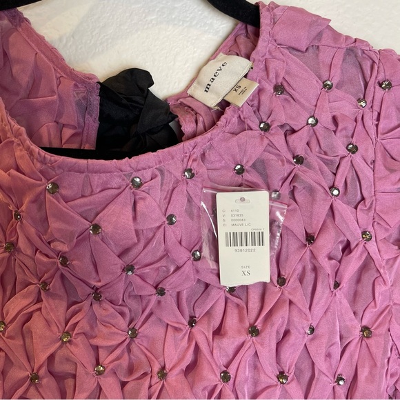 NWT Anthropologie Maeve Rhinestone Smock Sheer Babydoll Bow Top Pink Size XS - Picture 9 of 14
